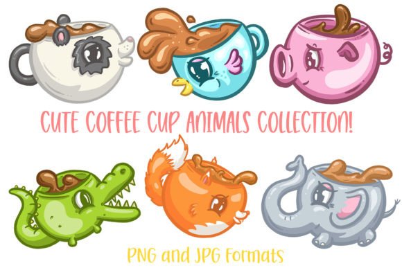Adorable Pet Animal Cute Coffee Cup Illustrations